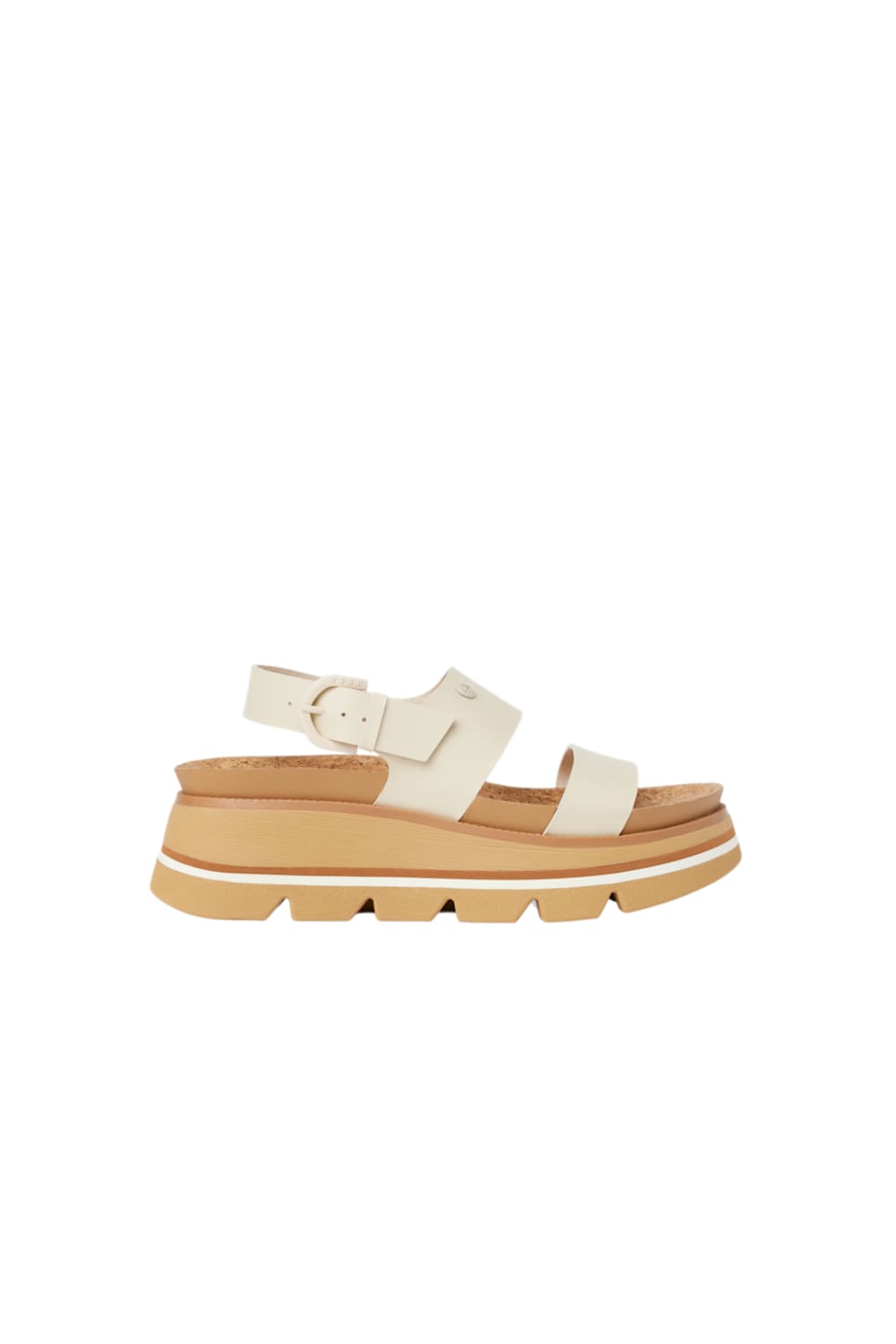 Side view of a tan and white sandals on a white background. The sandal is the Reef Vista Luxe Liah in White/Tan.