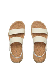Overhead view of a pair of sandals with white straps and a cork footbed on a white background. The sandal is the Reef Vista Luxe Liah in White/Tan.