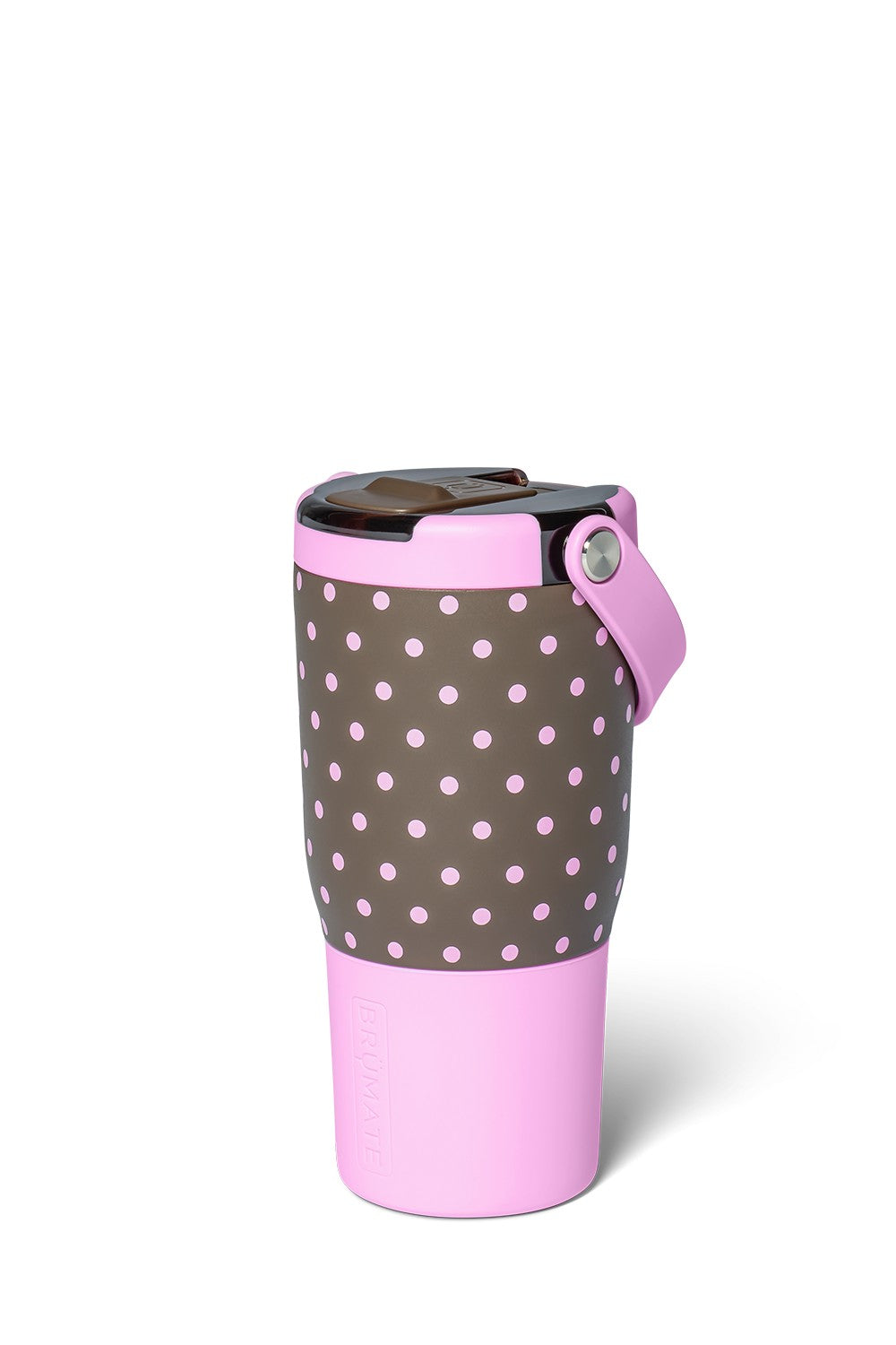 A pink and brown polka-dot insulated travel tumbler with a matching pink carrying loop and lid, shown on a clean white background.