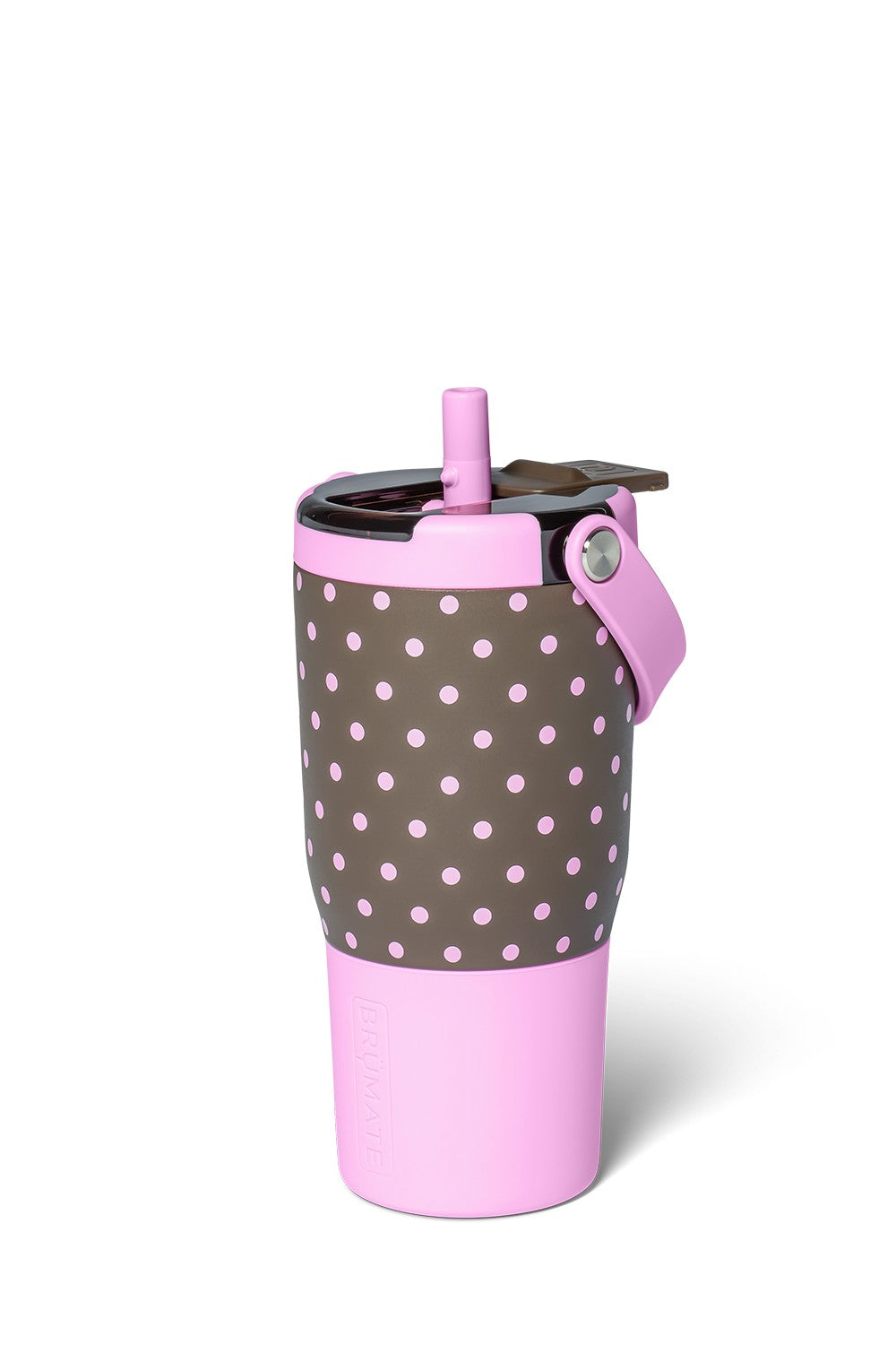 A pink and brown polka-dotted insulated tumbler with a matching pink straw lid and carrying strap, shown on a clean white background.