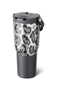 A travel tumbler with a gray and black leopard print pattern on the upper half, a dark gray lower half, and a matching dark gray lid with a carry loop, shown on a white background.