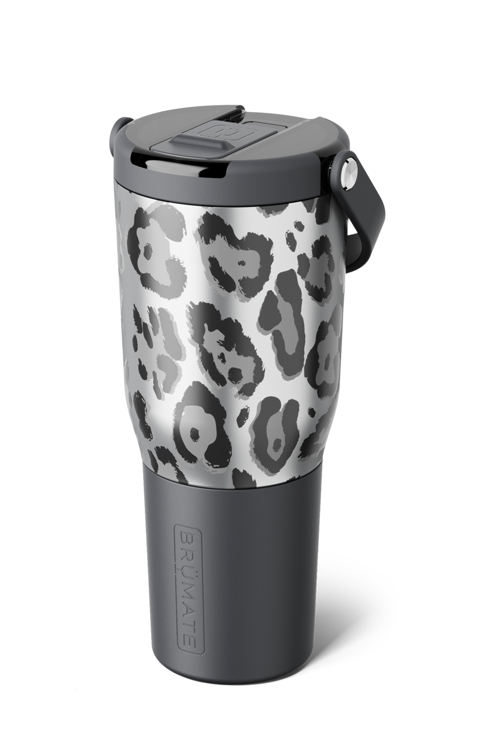 A travel tumbler with a gray and black leopard print pattern on the upper half, a dark gray lower half, and a matching dark gray lid with a carry loop, shown on a white background.