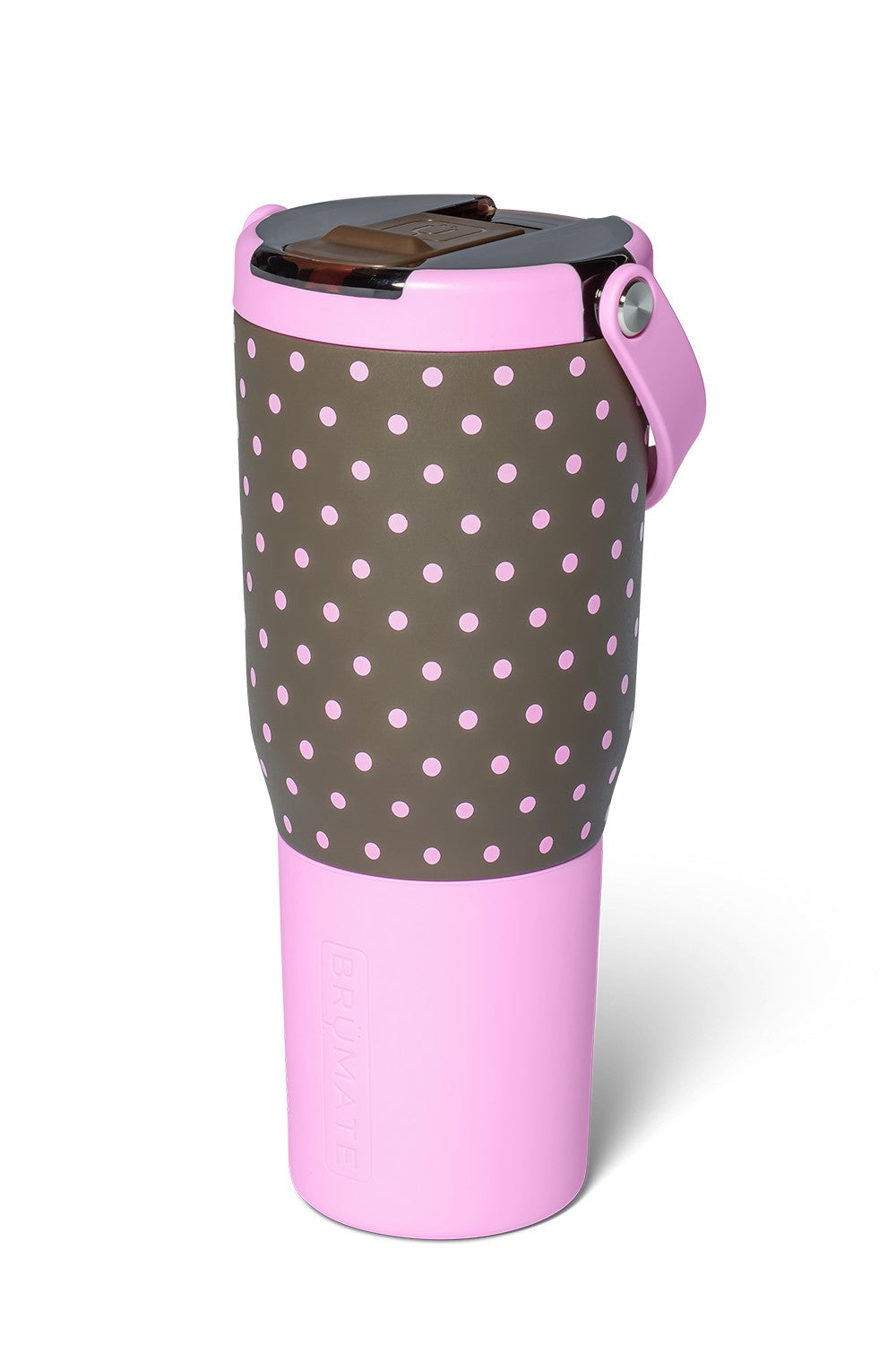 A pink and brown polka-dotted insulated travel tumbler with a matching pink straw and lid, shown on a clean white background.
