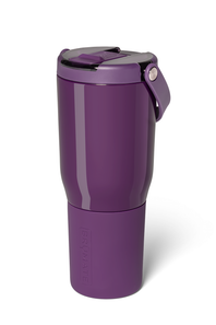 A purple insulated travel tumbler with a matching purple lid and carrying loop, shown on a clean white background.