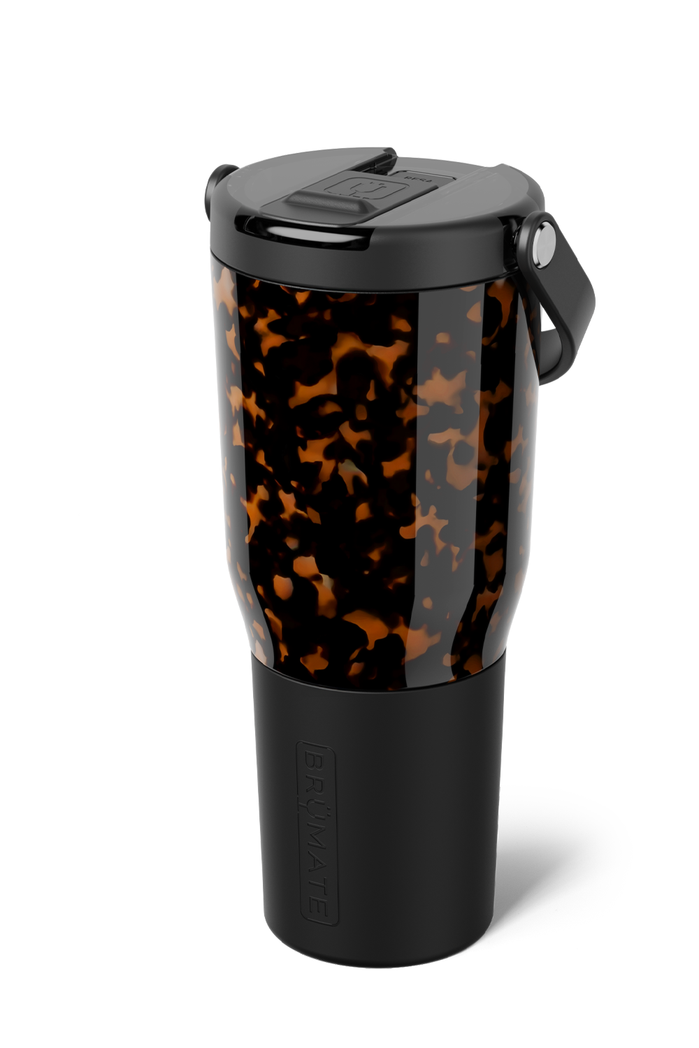 A Fraytore travel tumbler with a black and amber tortoiseshell patterned body, a black lid with a carry loop, and a black base, shown on a white background.
