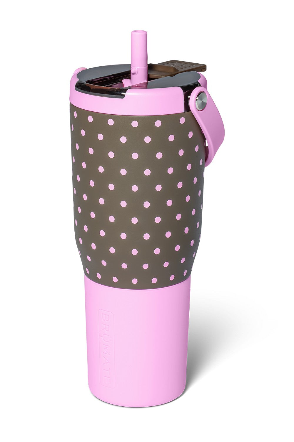 A pink and brown polka-dotted insulated travel tumbler with a matching pink straw and lid, shown on a clean white background.