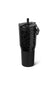 A black travel tumbler with a subtle leopard print pattern on the upper half, a solid black lower section, and a matching black lid with a straw, shown on a white background.
