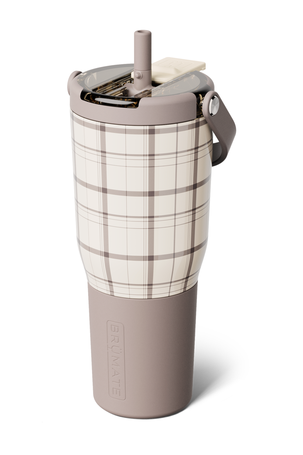 A plaid insulated travel tumbler with a matching beige lid and carry loop, shown on a clean white background.