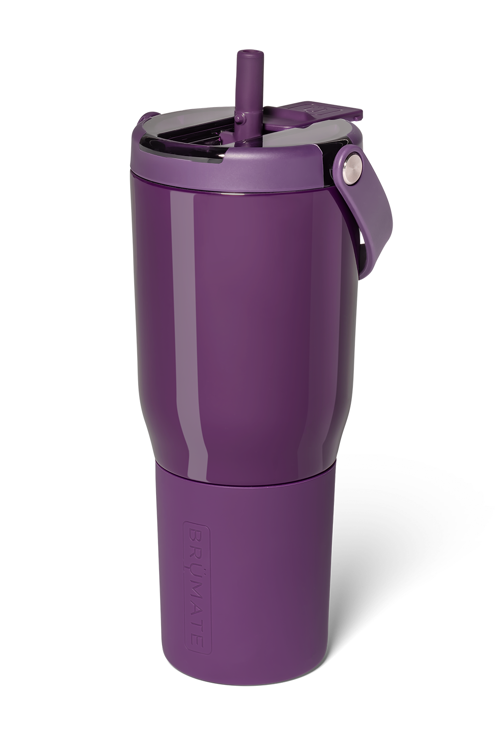 A purple insulated travel tumbler with a matching purple lid and carry loop, shown on a clean white background.