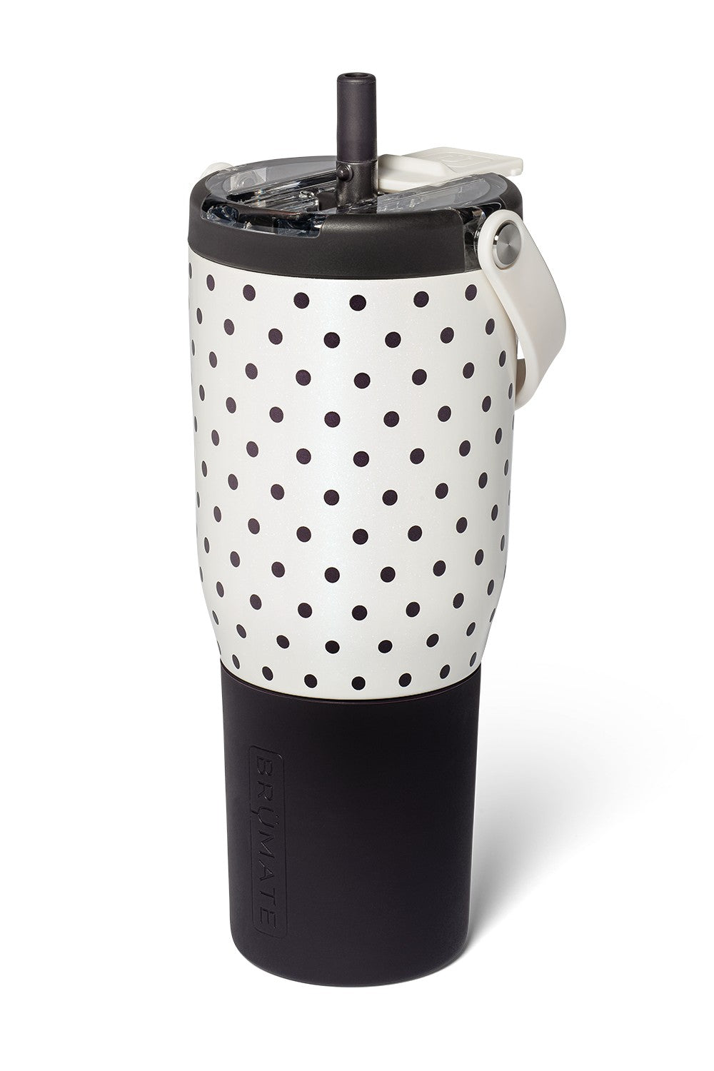A 32 oz insulated tumbler by Isomate, featuring a white upper body with black polka dots, a black lower section, and a black lid with a clear straw insert and white carry loop, shown on a white background.