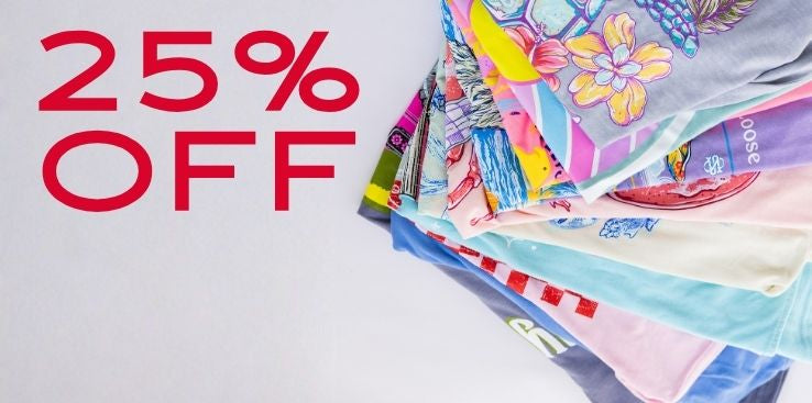Multiple different color graphic t-shirts fanned out on a plain background with a 25% off price callout