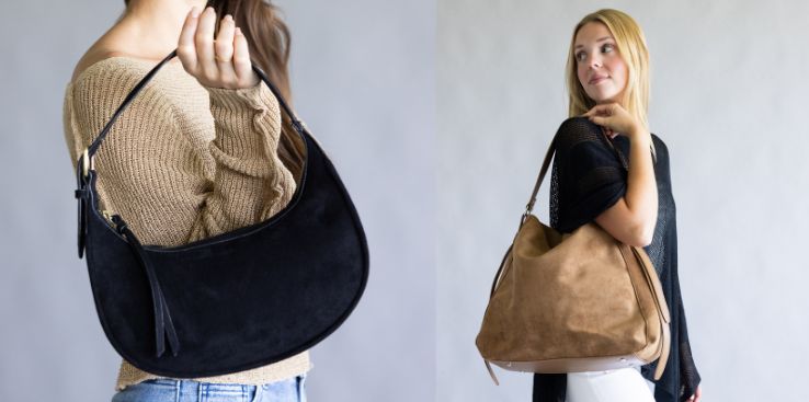 Split image featuring two shoulder bags. On the left, a close-up shows a black suede shoulder bag worn with a beige knit sweater. On the right, a model carries a tan suede shoulder bag over her shoulder while wearing a black knit top and white pants.