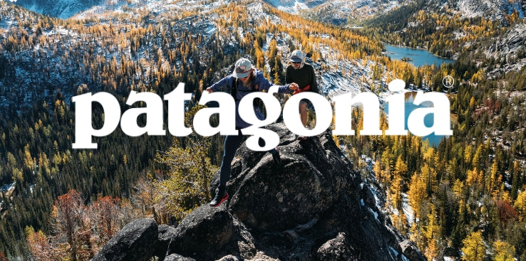 Two hikers navigate a rocky mountain ridge surrounded by autumn-colored yellow and green trees, with a alpine lake visible in the background valley. The white patagonia logo is displayed prominently across the center of the image