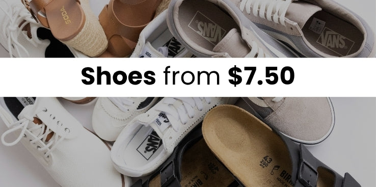 A pile of different pair of men's and women's shoes. The image has a dark overlay with a white stripe with text that reads Shoes from $7.50