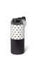 A reusable water bottle with a black and white polka dot pattern on the upper half and a matte black lower half, featuring a clear lid with a black flip-top closure and a white carrying loop.