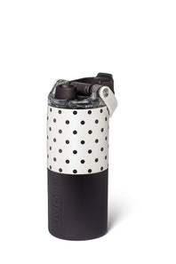 A reusable water bottle with a black and white polka dot pattern on the upper half and a matte black lower half, featuring a clear lid with a black flip-top closure and a white carrying loop.