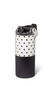 A reusable water bottle with a black and white polka dot pattern on the upper half and a matte black lower half, featuring a clear lid with a black flip-top closure and a white carrying loop.