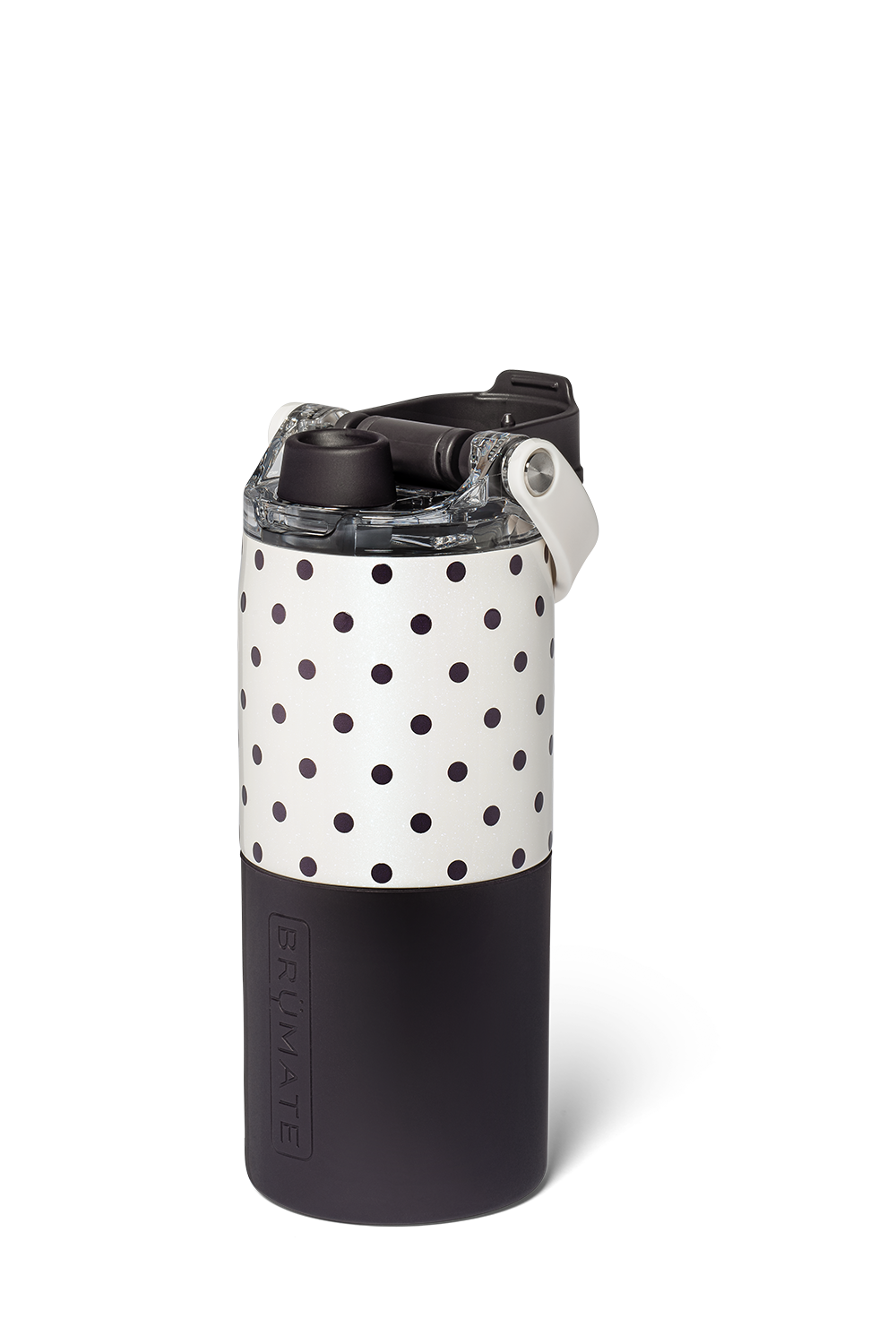 A reusable water bottle with a black and white polka dot pattern on the upper half and a matte black lower half, featuring a clear lid with a black flip-top closure and a white carrying loop.