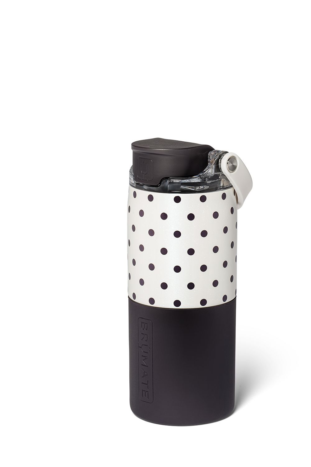 A reusable insulated tumbler with a black lower half, a white upper half covered in black polka dots, and a black lid with a white carry loop, shown on a white background.