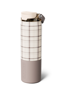 A water bottle with a handle featuring a plaid print