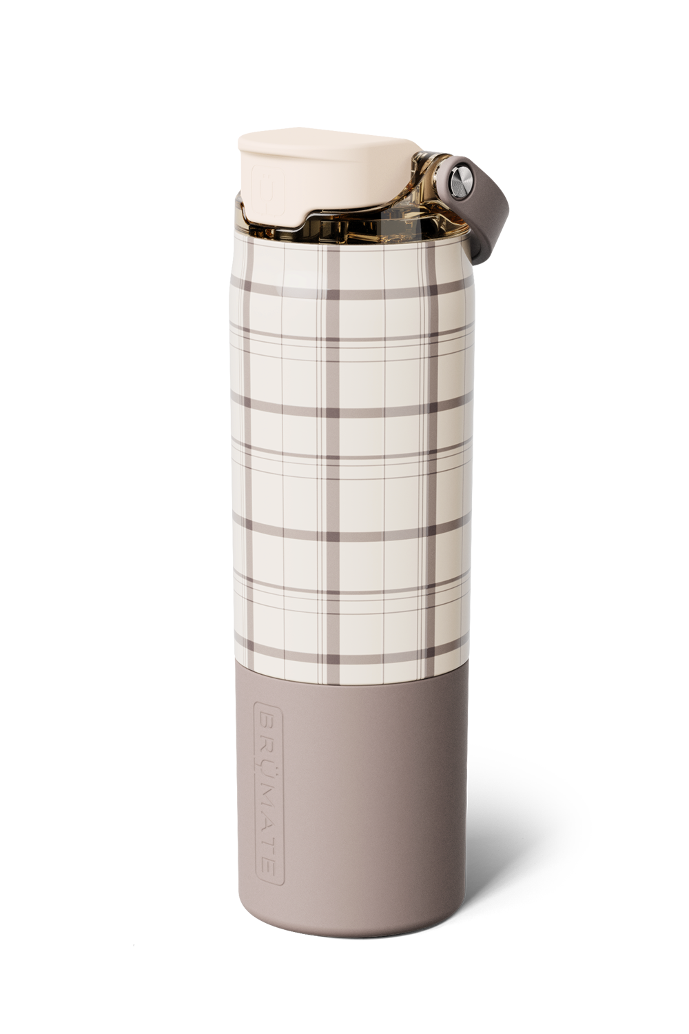 A water bottle with a handle featuring a plaid print