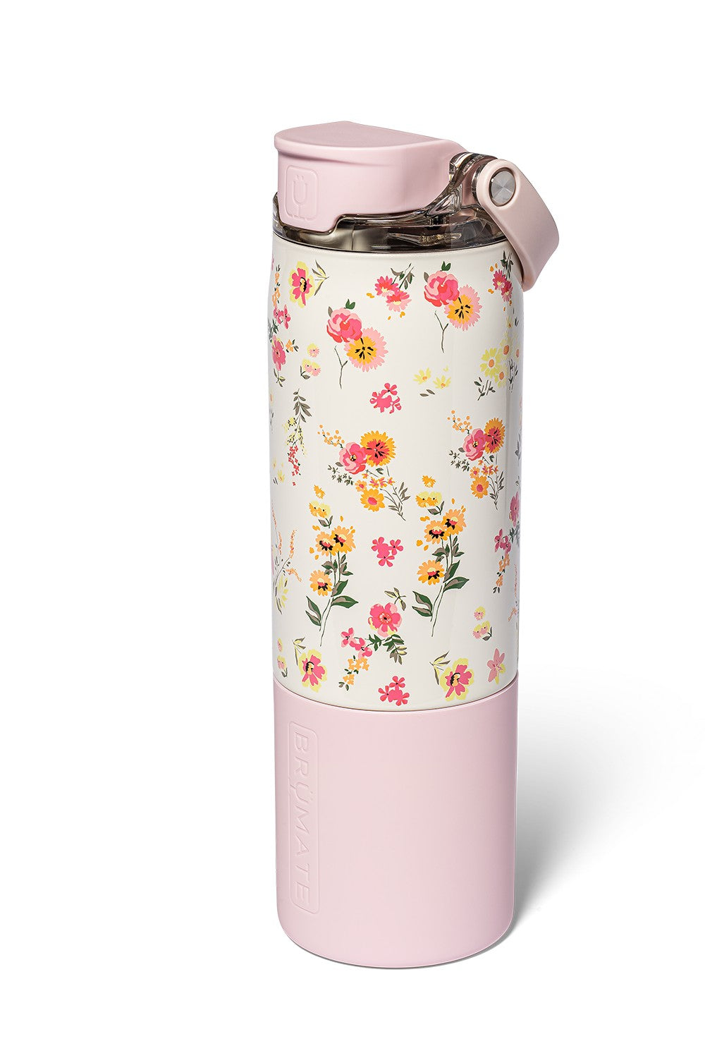 A reusable insulated tumbler with a light pink base and lid, featuring a white floral patterned wrap around the middle with pink, yellow, and orange flowers. 