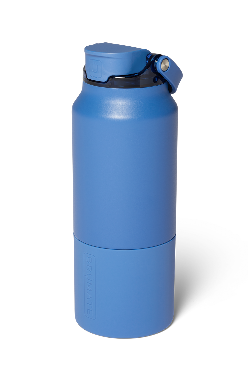 A blue insulated water bottle with a matching blue flip-top lid and black collar, shown on a clean white background.