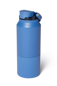 A blue insulated water bottle with a matching blue flip-top lid and black collar, shown on a clean white background.