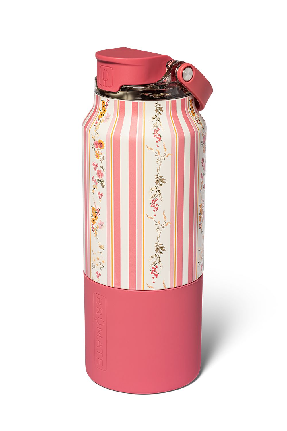 Pink and white BruMate floral waterbottle, with a half silicone base 