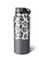 A stainless steel water bottle with a gray and black leopard print pattern on the upper half, a dark gray base, and a black lid with a carry loop, shown on a white background.