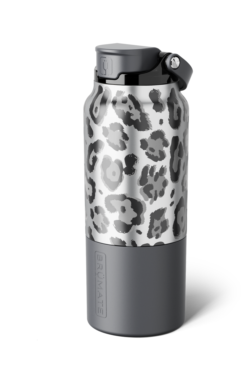 A stainless steel water bottle with a gray and black leopard print pattern on the upper half, a dark gray base, and a black lid with a carry loop, shown on a white background.