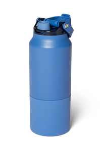 A blue insulated water bottle with a matching blue flip-top lid and black rim, photographed on a clean white background.