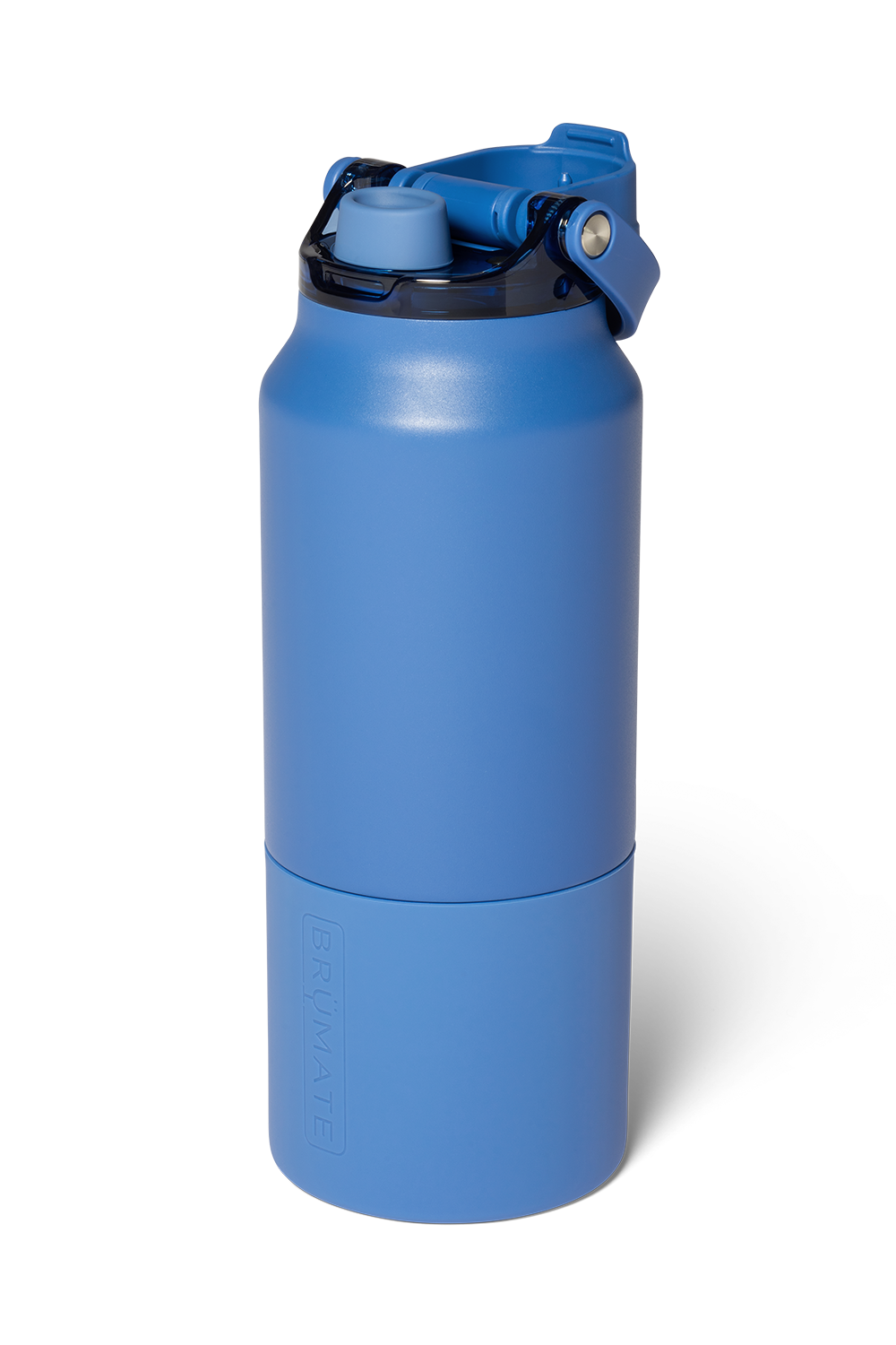 A blue insulated water bottle with a matching blue flip-top lid and black rim, photographed on a clean white background.