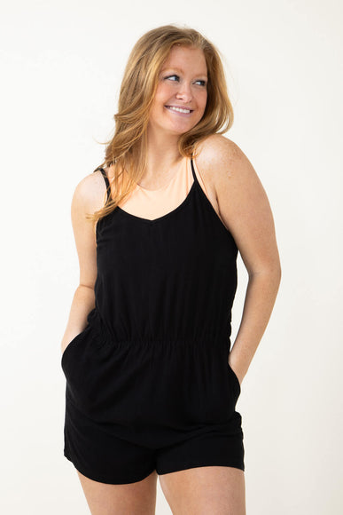 Romper with Thin Straps and Pockets for Women in Black 