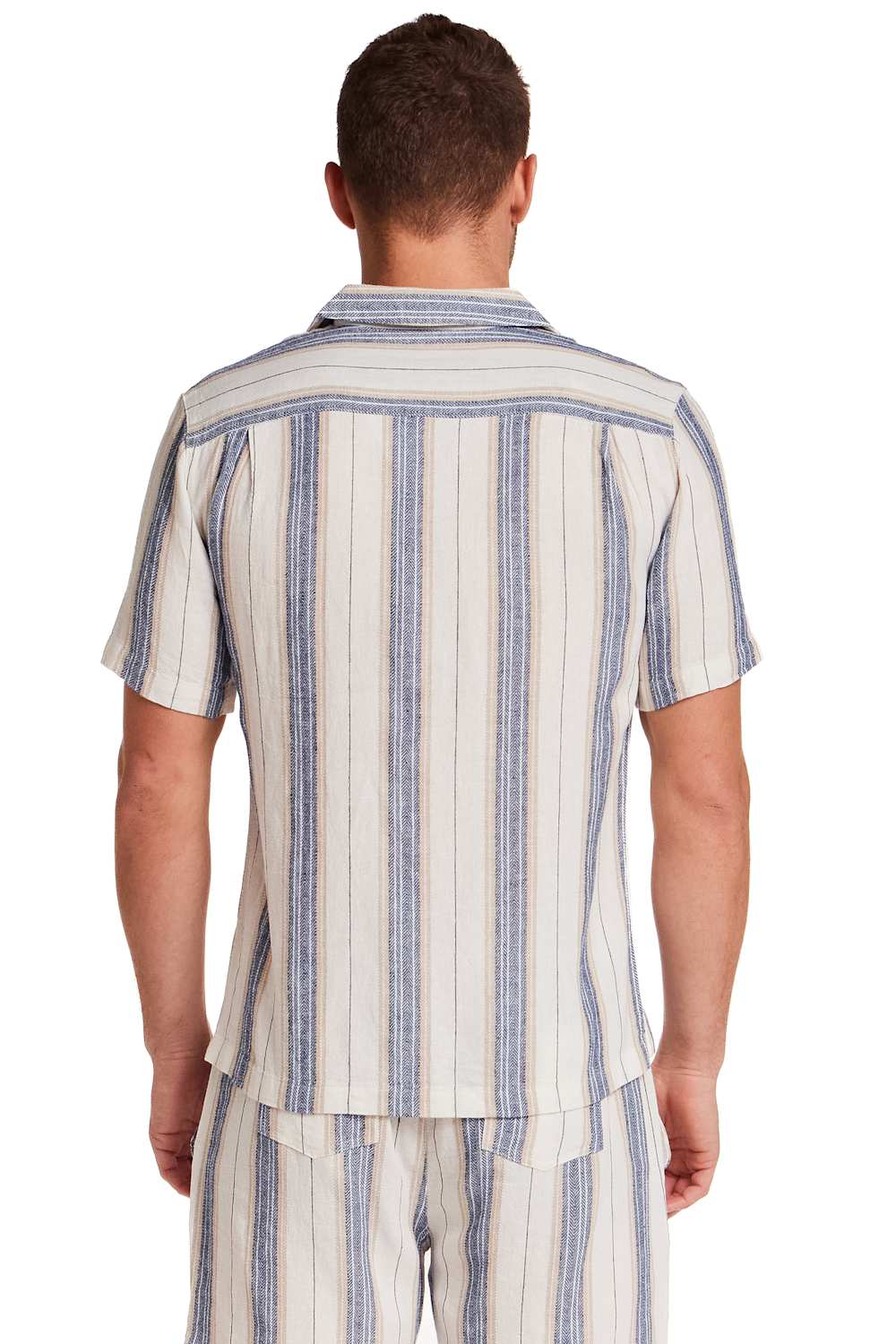 Weatherproof Vintage Linen Camp Shirt for Men in Blue Stripe; Man wearing a striped shirt and pants on a white background