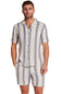 Weatherproof Vintage Linen Camp Shirt for Men in Blue Stripe; Man wearing a striped shirt and shorts set on a white background