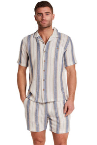 Weatherproof Vintage Linen Camp Shirt for Men in Blue Stripe; Man wearing a striped shirt and shorts set on a white background