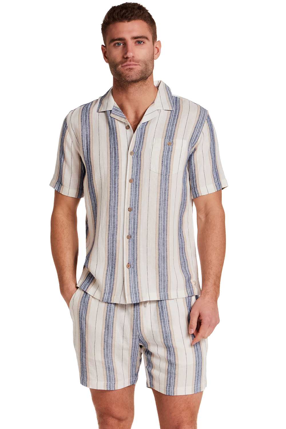 Weatherproof Vintage Linen Camp Shirt for Men in Blue Stripe; Man wearing a striped shirt and shorts set on a white background