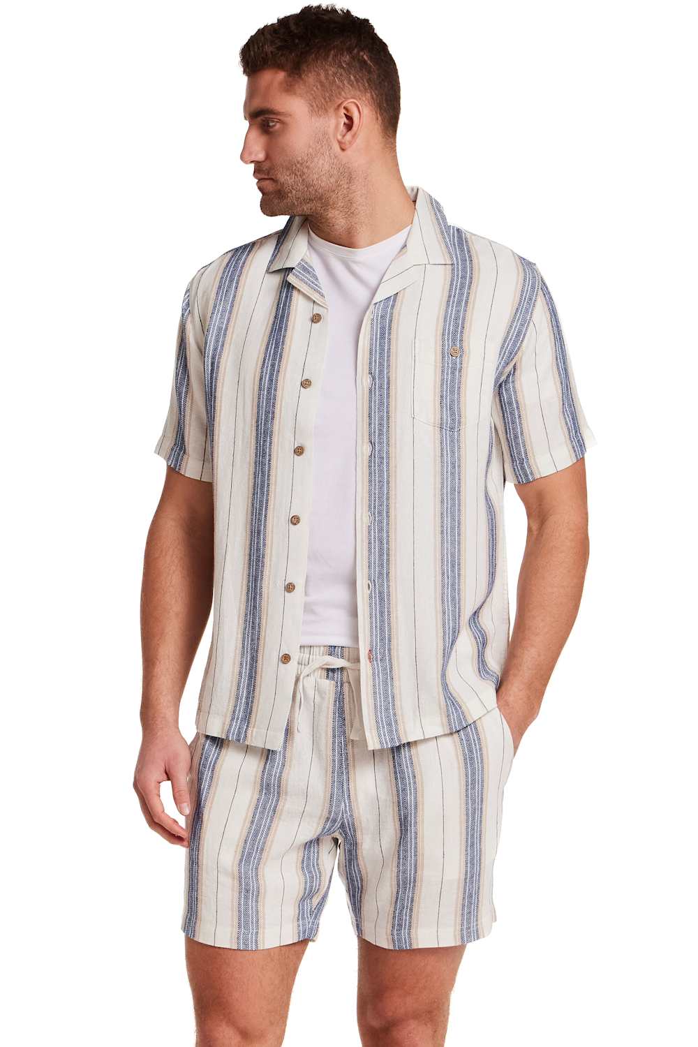 Weatherproof Vintage Linen Camp Shirt for Men in Blue Stripe; Man wearing a striped shirt and shorts set on a white background