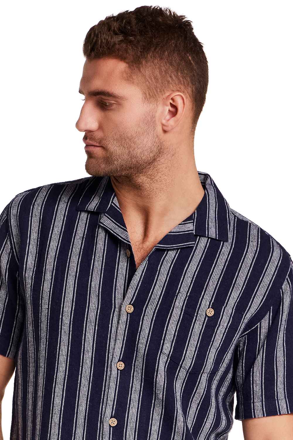 Weatherproof Vintage Linen Camp Shirt for Men in Navy Stripe; Man wearing a navy and gray striped shirt on a white background
