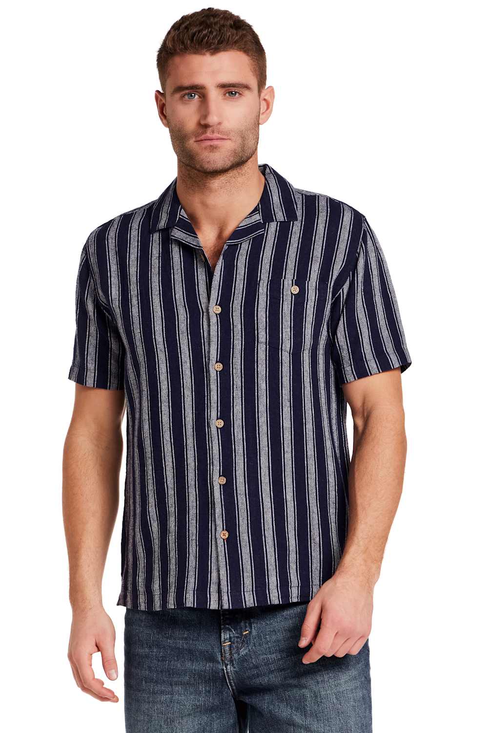 Weatherproof Vintage Linen Camp Shirt for Men in Navy Stripe; Man wearing a navy and white striped shirt on a white background