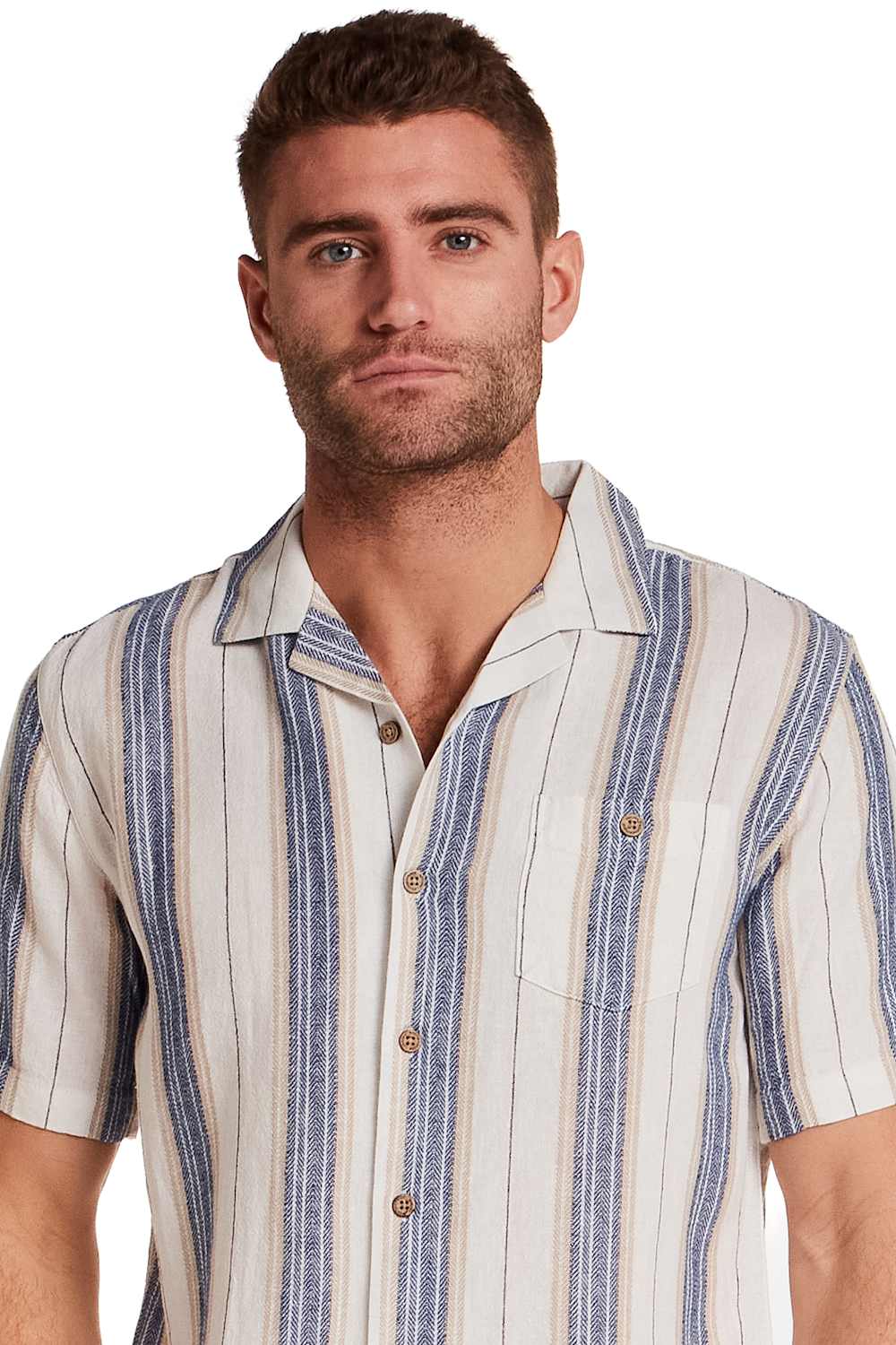 Weatherproof Vintage Linen Camp Shirt for Men in Blue Stripe; Man wearing a striped short-sleeve shirt on a white background