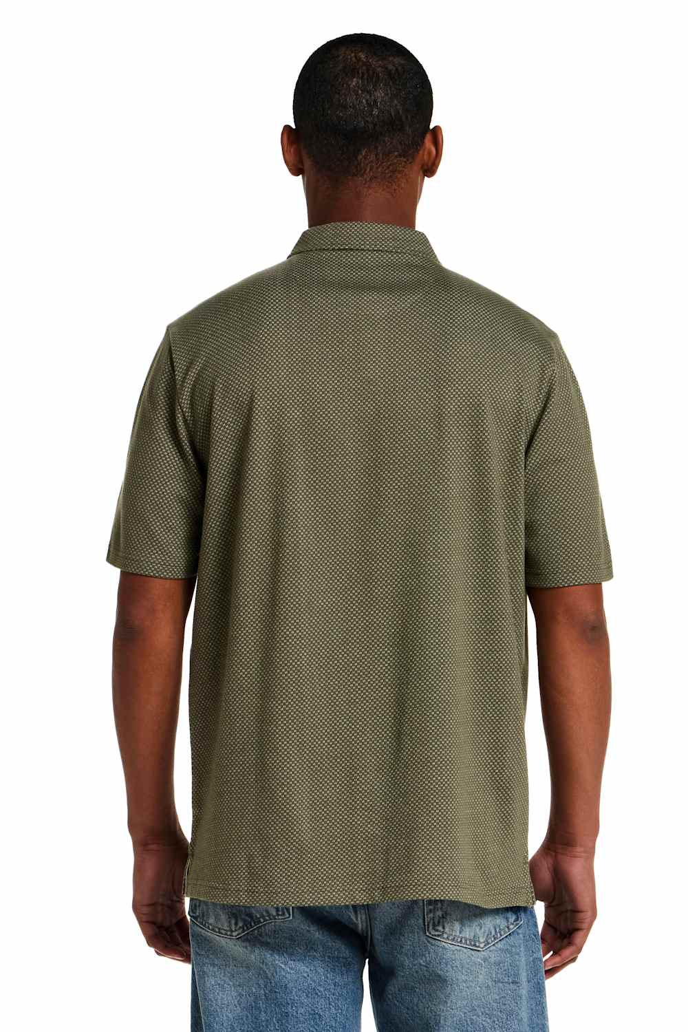Weatherproof Vintage Neat Coat Knit Button Up Shirt for Men in Grapeleaf; Man wearing a green polo shirt on a white background
