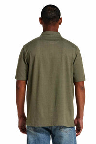 Weatherproof Vintage Neat Coat Knit Button Up Shirt for Men in Grapeleaf; Man wearing a green polo shirt on a white background