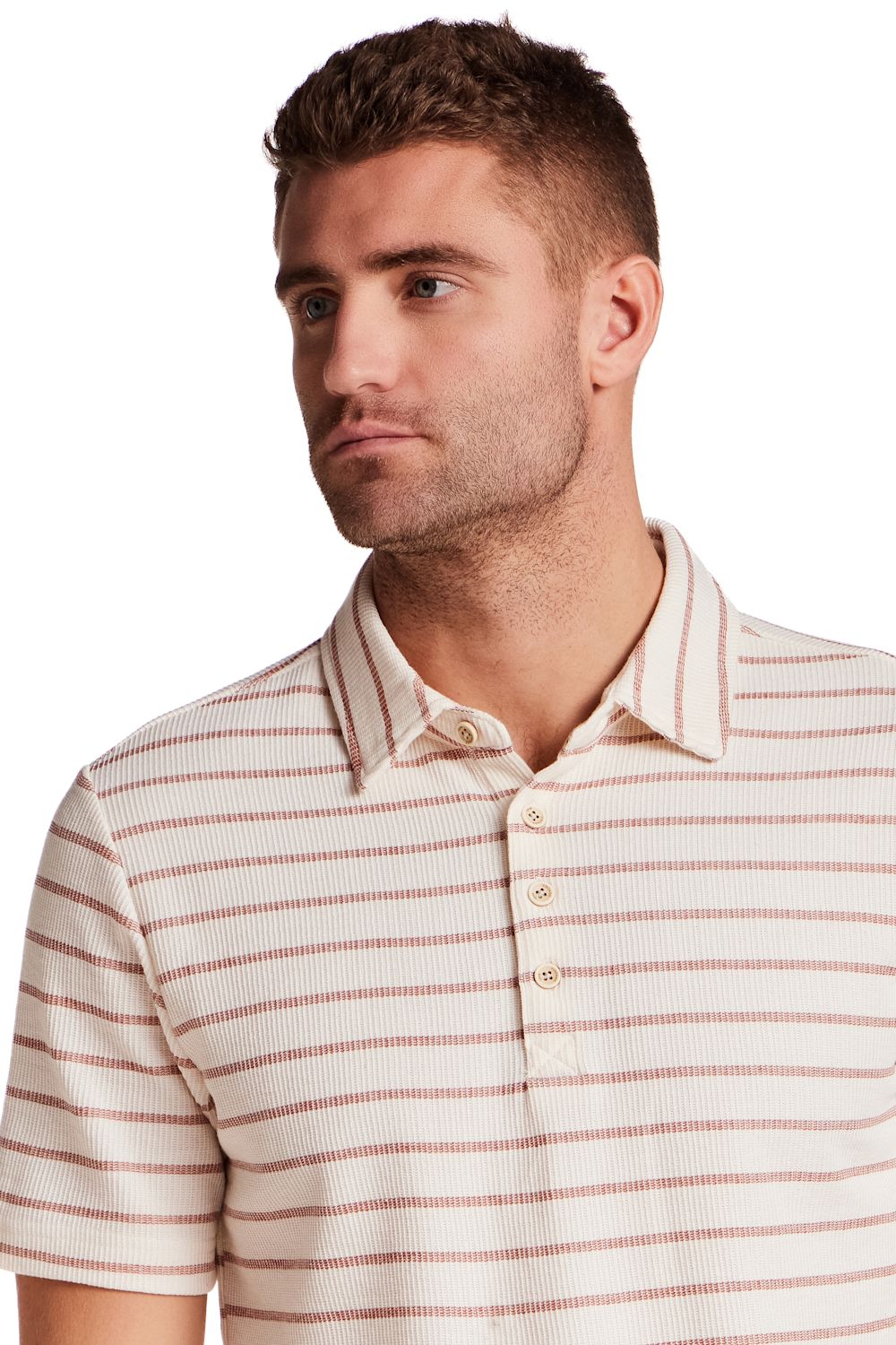 Weatherproof Vintage Terry Striped Polo for Men in Crimson; Man wearing a beige and red striped polo shirt on a white background