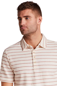 Weatherproof Vintage Terry Striped Polo for Men in Crimson; Man wearing a beige and red striped polo shirt on a white background