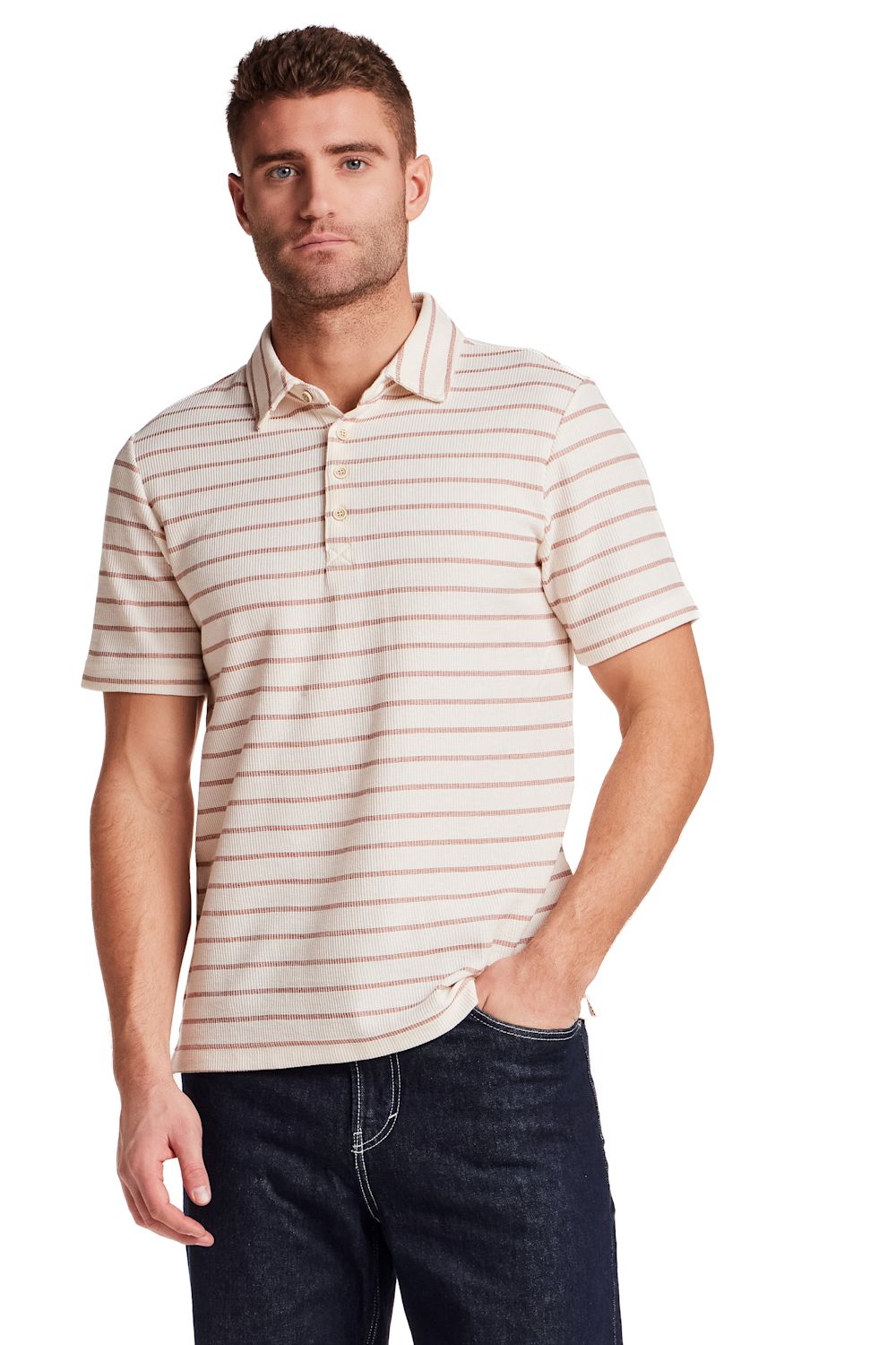 Weatherproof Vintage Terry Striped Polo for Men in Crimson; Man wearing a striped polo shirt and jeans on a white background