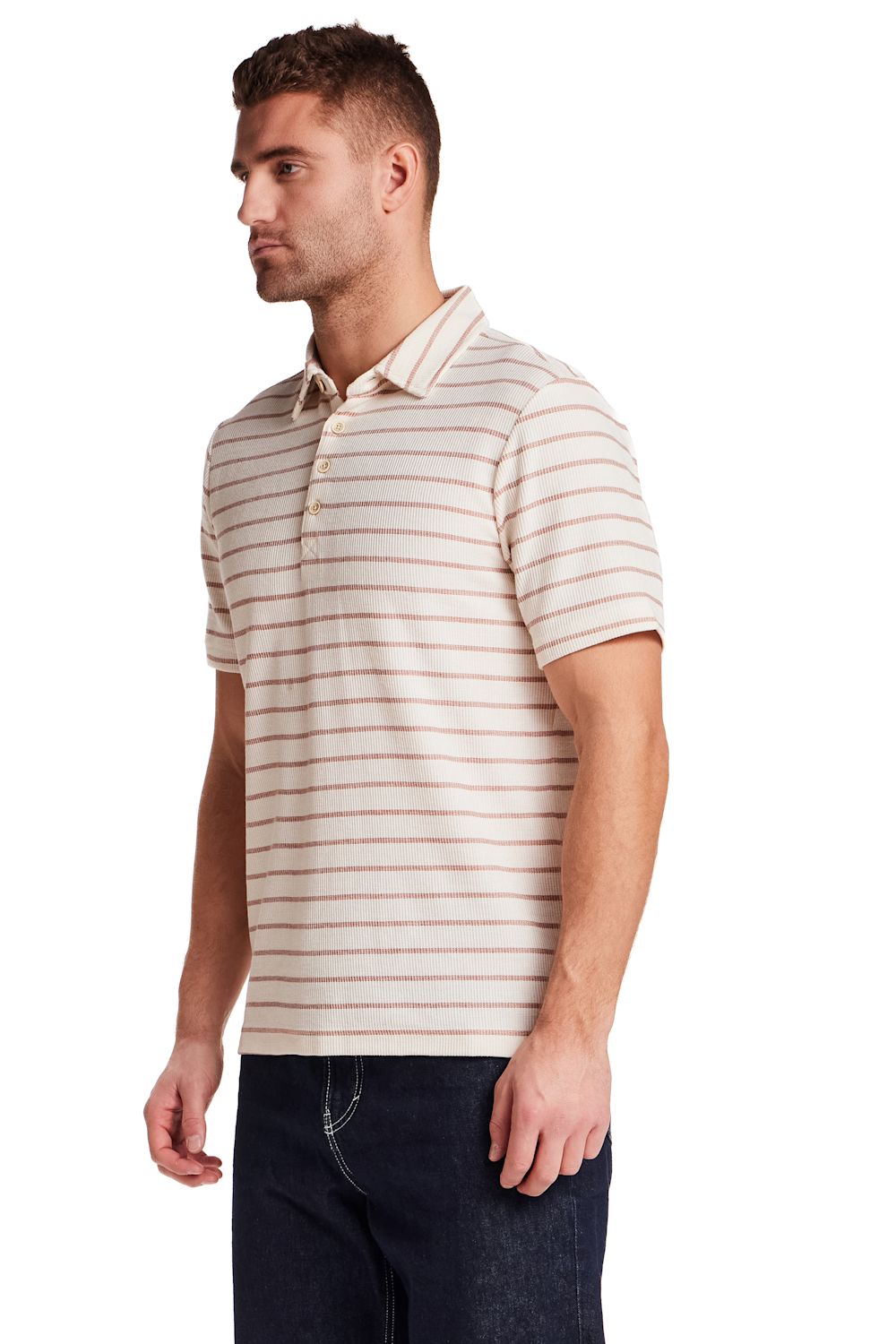 Weatherproof Vintage Terry Striped Polo for Men in Crimson; Man wearing a striped polo shirt on a white background