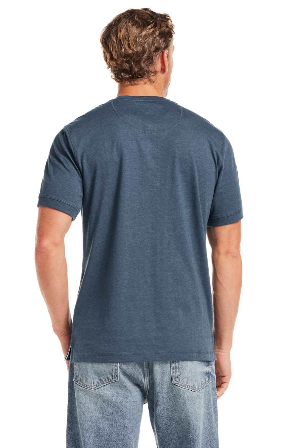 Weatherproof Vintage Jersey Henley Shirt for Men in Cobalt; Man wearing a blue t-shirt and jeans from behind on a white background 