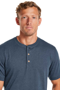 Weatherproof Vintage Jersey Henley Shirt for Men in Cobalt; Man wearing a blue henley shirt on a white background